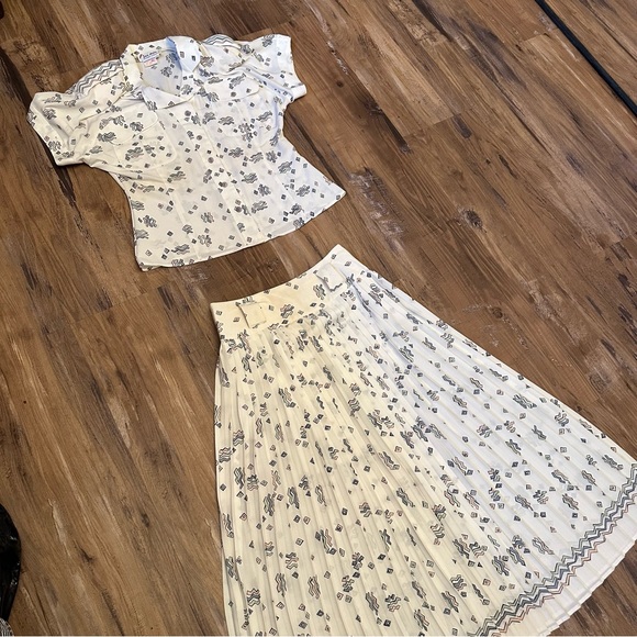 VTG 80s Retro Pastel Abstract Accordion Pleated Midi Maxi Skirt and Shirt Set - Picture 11 of 15